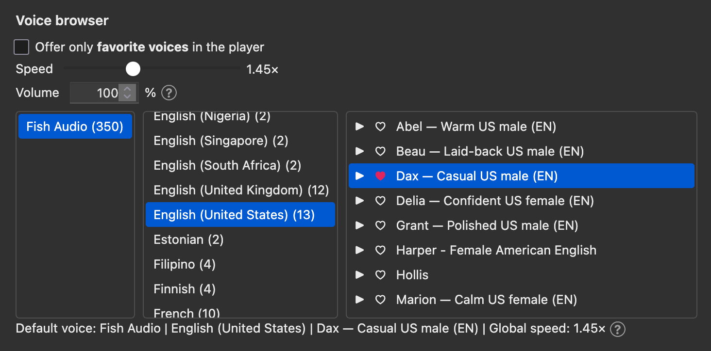 The voice browser: provider, language and voice columns
