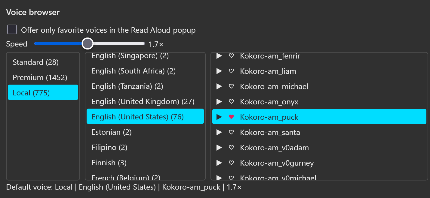 The voice browser: tier, language and voice columns